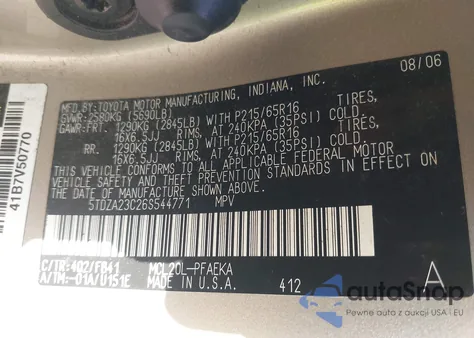 2006 Toyota Sienna Ce z USA, uszkodzony, nr VIN 5TDZA23C26S544771